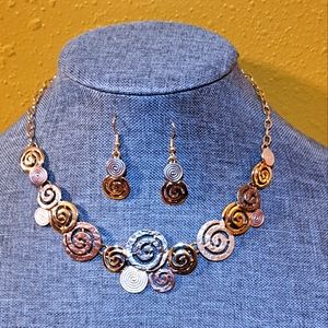 NEW 3 piece multi colored metal swirl necklace and earring set